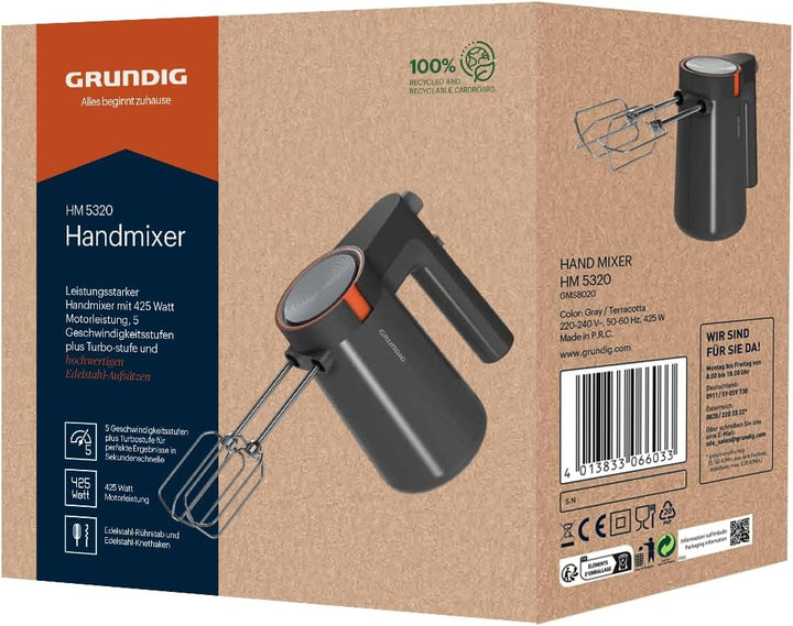 Grundig HM 5320 Handmixer, 425 W Leistung, 5 Geschwindigkeitsstufen + Turbostufe, Hochwertige Edelst