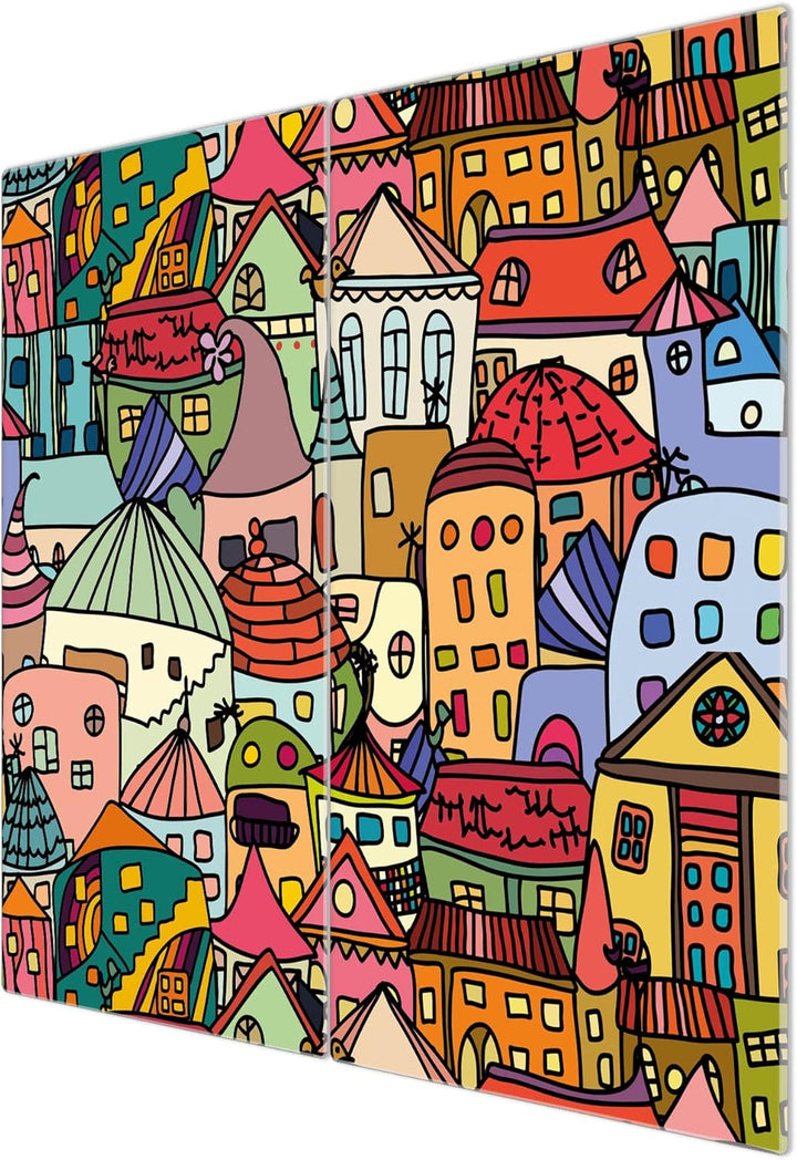 banjado® Herdabdeckplatte Glas 2-teilig je 30x52 cm/Schneidebrett Herdabdeckung mit Motiv Funky Town