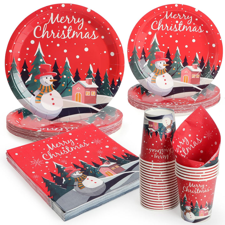 96 Stück Pappteller Weihnachten, Partygeschirr Set Weihnachtsparty Pappteller Servietten Pappbecher