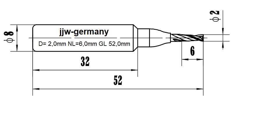 jjw-germany VHM - Spiralnutfräser Nutfräser Z= 2 für Hand Oberfräse mit Stahlschaft 8,0mm (D= 2,0 mm