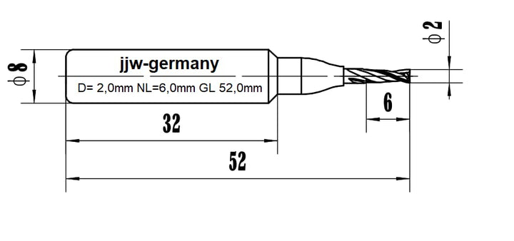 jjw-germany VHM - Spiralnutfräser Nutfräser Z= 2 für Hand Oberfräse mit Stahlschaft 8,0mm (D= 2,0 mm