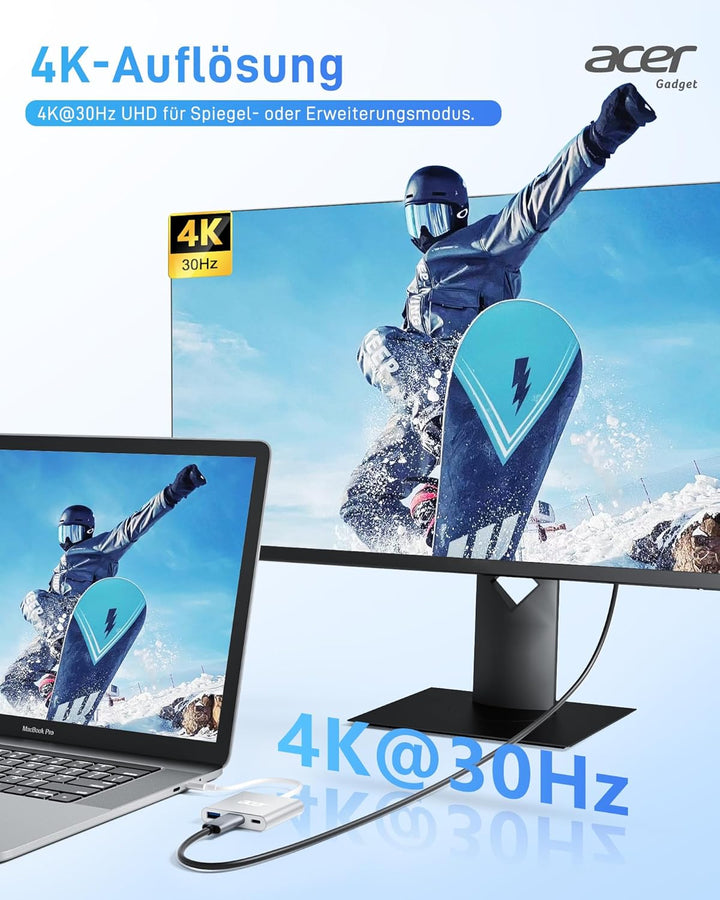 Acer USB-C HDMI Multiport Adapter - 4K, 100W PD, USB 3.0 5Gbps Datenport - Kompatibel Mit MacBook Pr