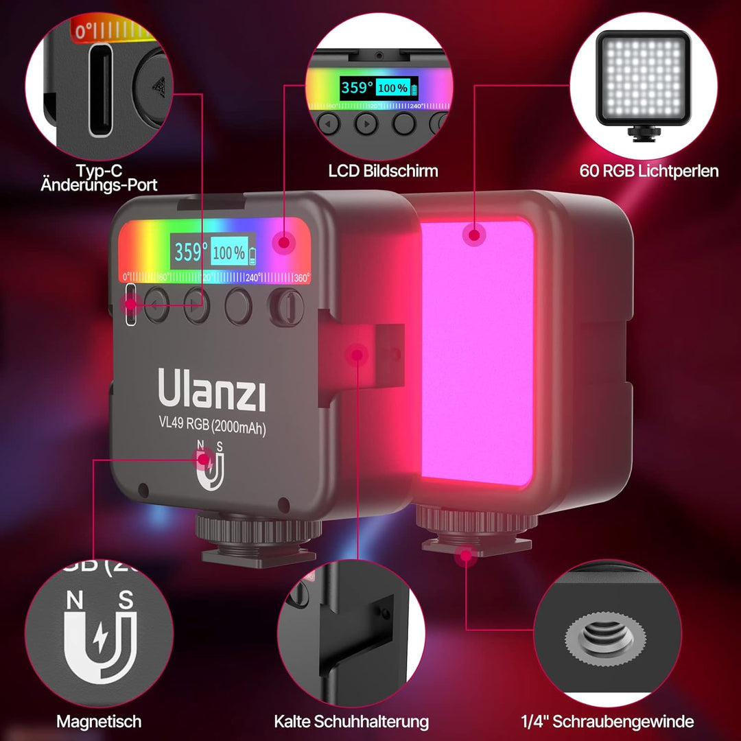 LED Videoleuchte RGB mit Eingebautem Akku, Mini Dimmbare Videolicht 2500K-9000K, Kamera Licht Dauerl