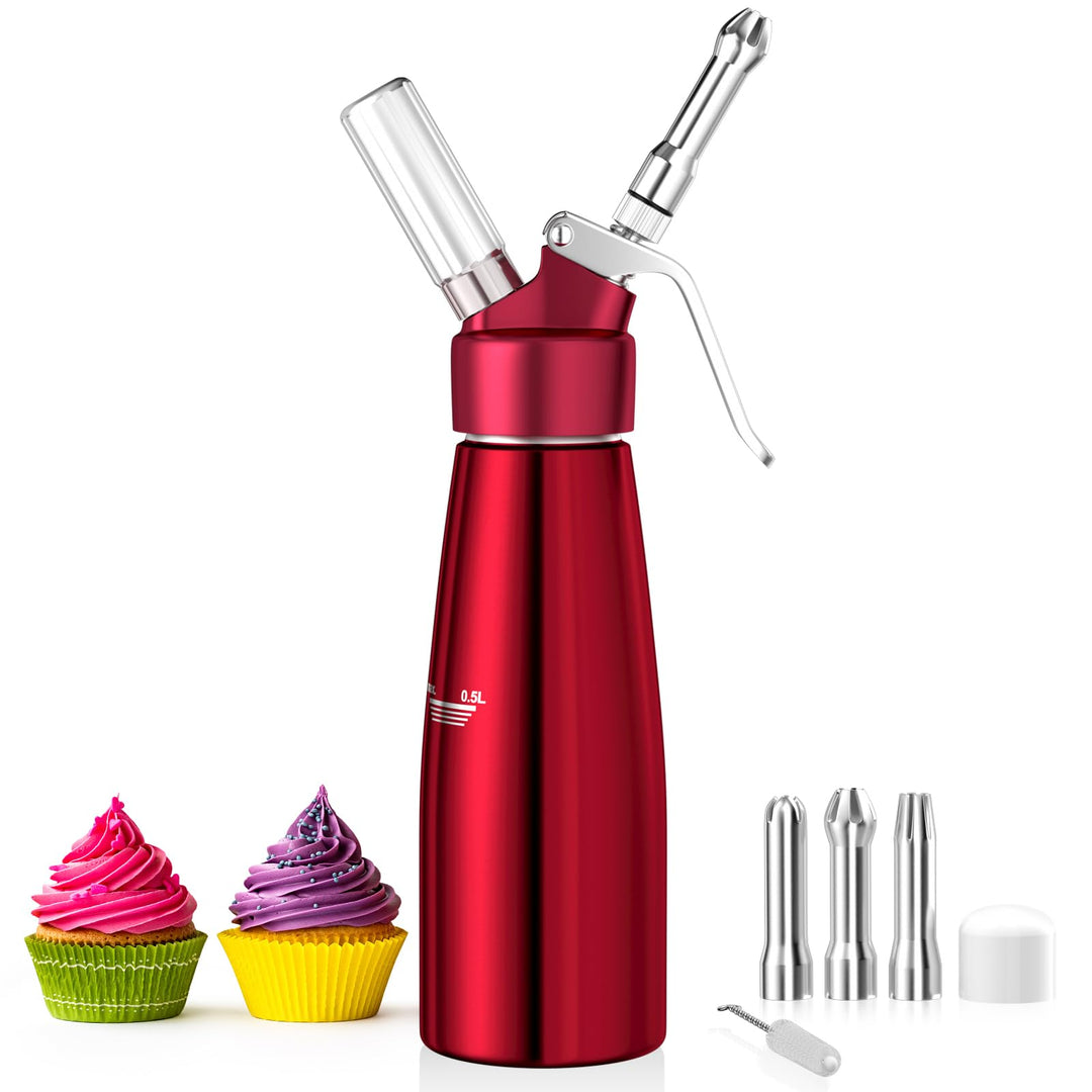 Newaner 500ml sahnespender, Sahnesyphon Aluminium mit 3 Edelstahl Deko-Düsen und 1 Reinigungbürste,