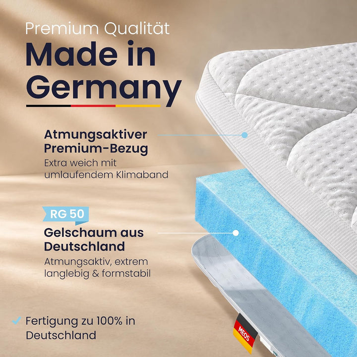 Meos® Gel-Schaum Topper 120x200 für Matratzen & Boxspringbett - Made in Germany - hohes RG50 - Bezug