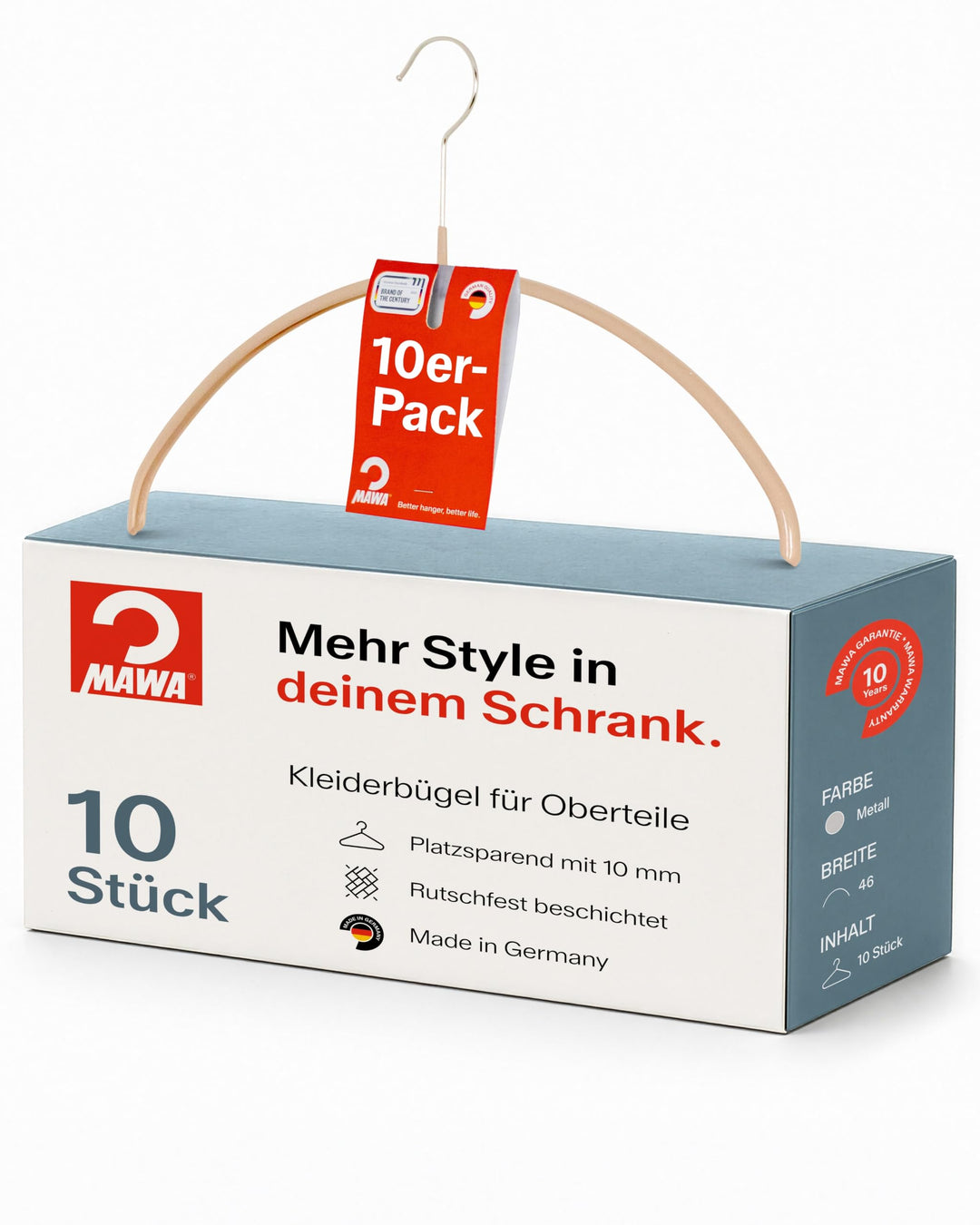 MAWA Kleiderbügel, Set mit 10 hochwertigen, platzsparenden, rutschfesten Kleiderbügeln, ideal für T-