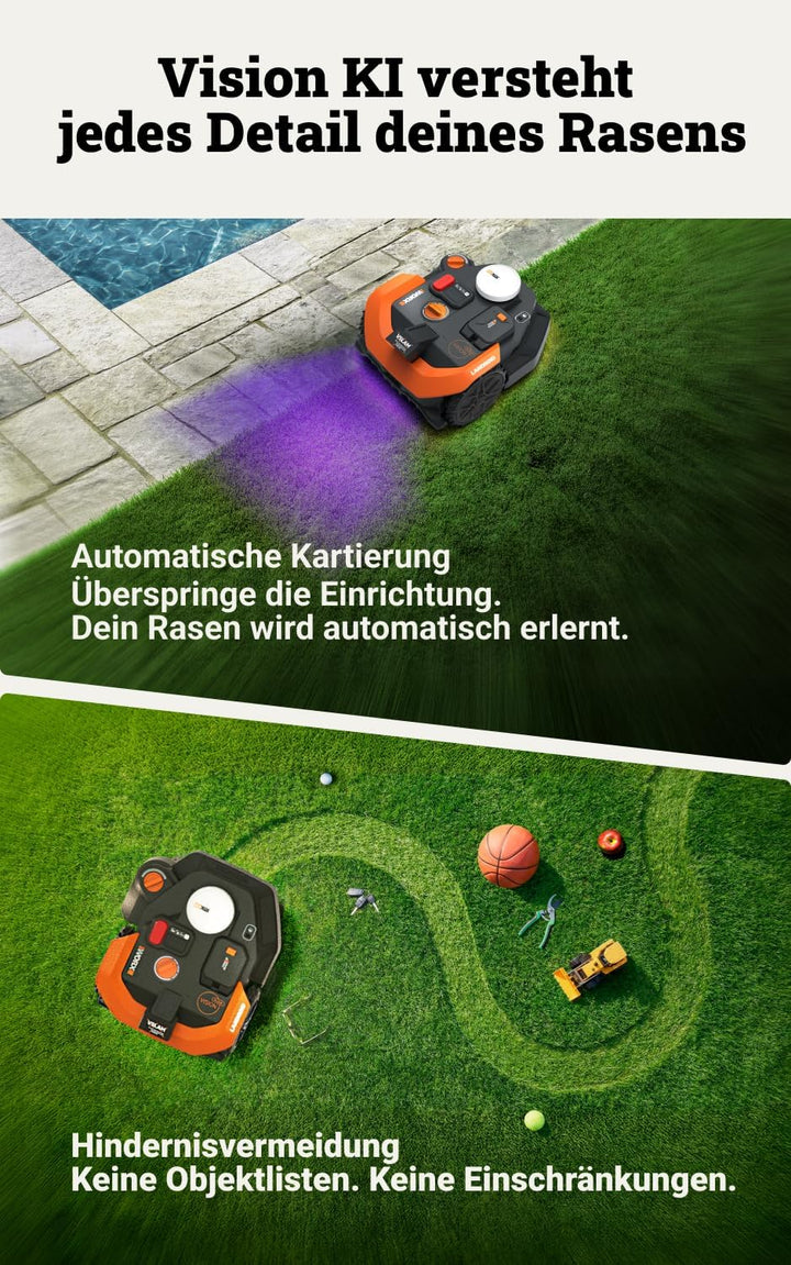 WORX Landroid Vision Cloud WR308E 2WD Mähroboter ohne Begrenzungskabel für 800 m² (KI-Hinderniserken