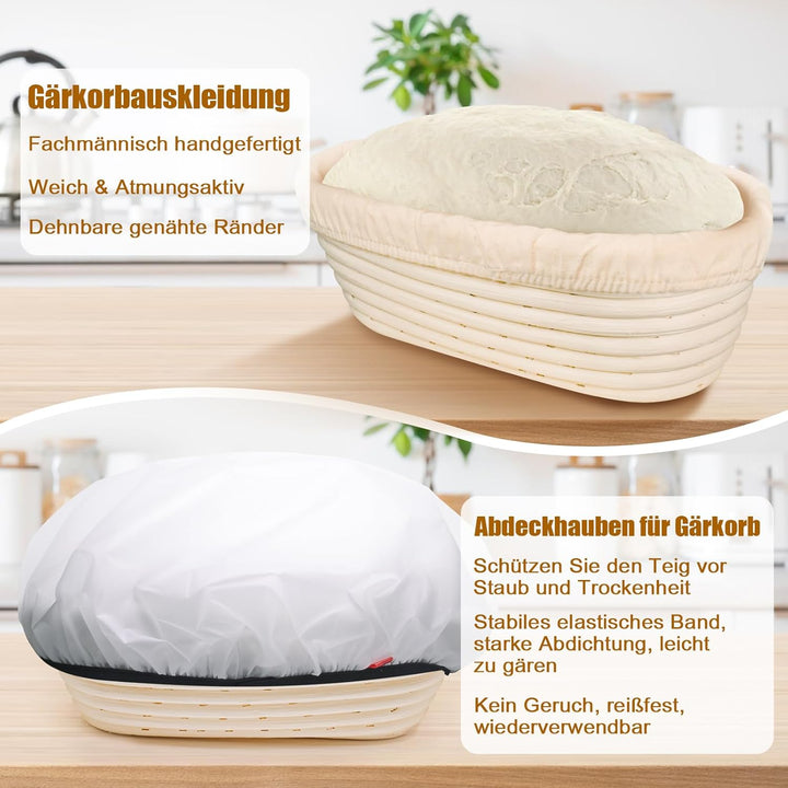 Gärkörbchen Oval 28 cm für 700g Teig, Gärkorb Rattan Set Sauerteig mit Leinentuch & Gärfolie Backen,