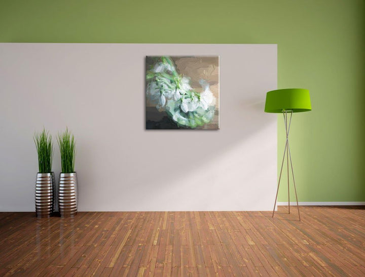 Pixxprint Schneeglöckchen in der Vase Pinsel Effekt, Format: 70x70 auf Leinwand, 70x70