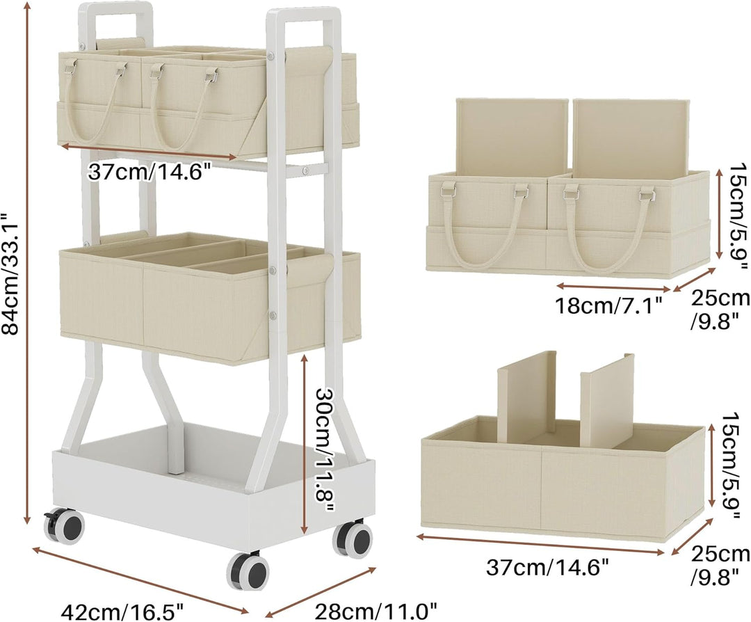 Wickeltisch Organizer, 3 Etagen Wickeltisch Rollwagen mit Abnehmbar Wickelkorb, 2 in1 Baby-Windelwag