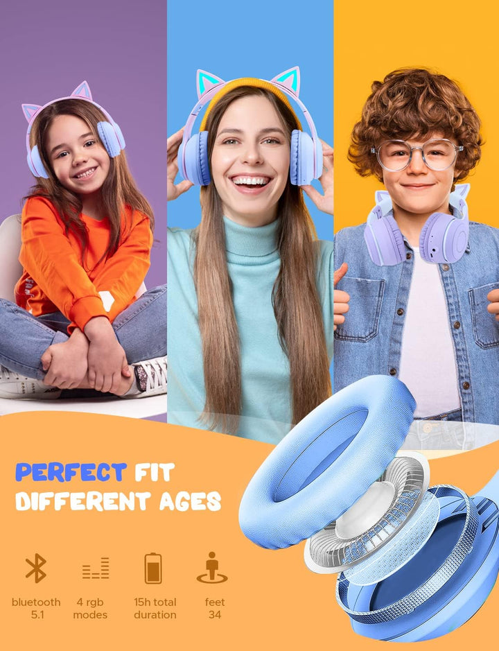 JYPS Kabellose Kinder Kopfhörer mit LED-Licht und Katzenohren für Mädchen, Bluetooth Kopfhörer Kinde