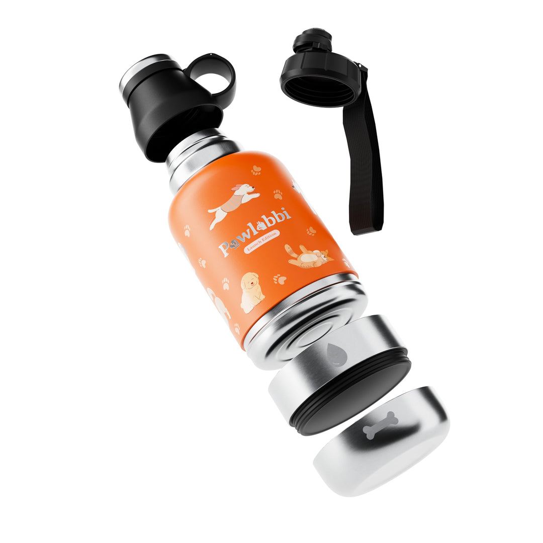 Pawbottle® Thermoflasche mit 2 Näpfen – Trinkflasche für Hunde &amp; Katzen (960 ml + 2×100 ml, Orange)