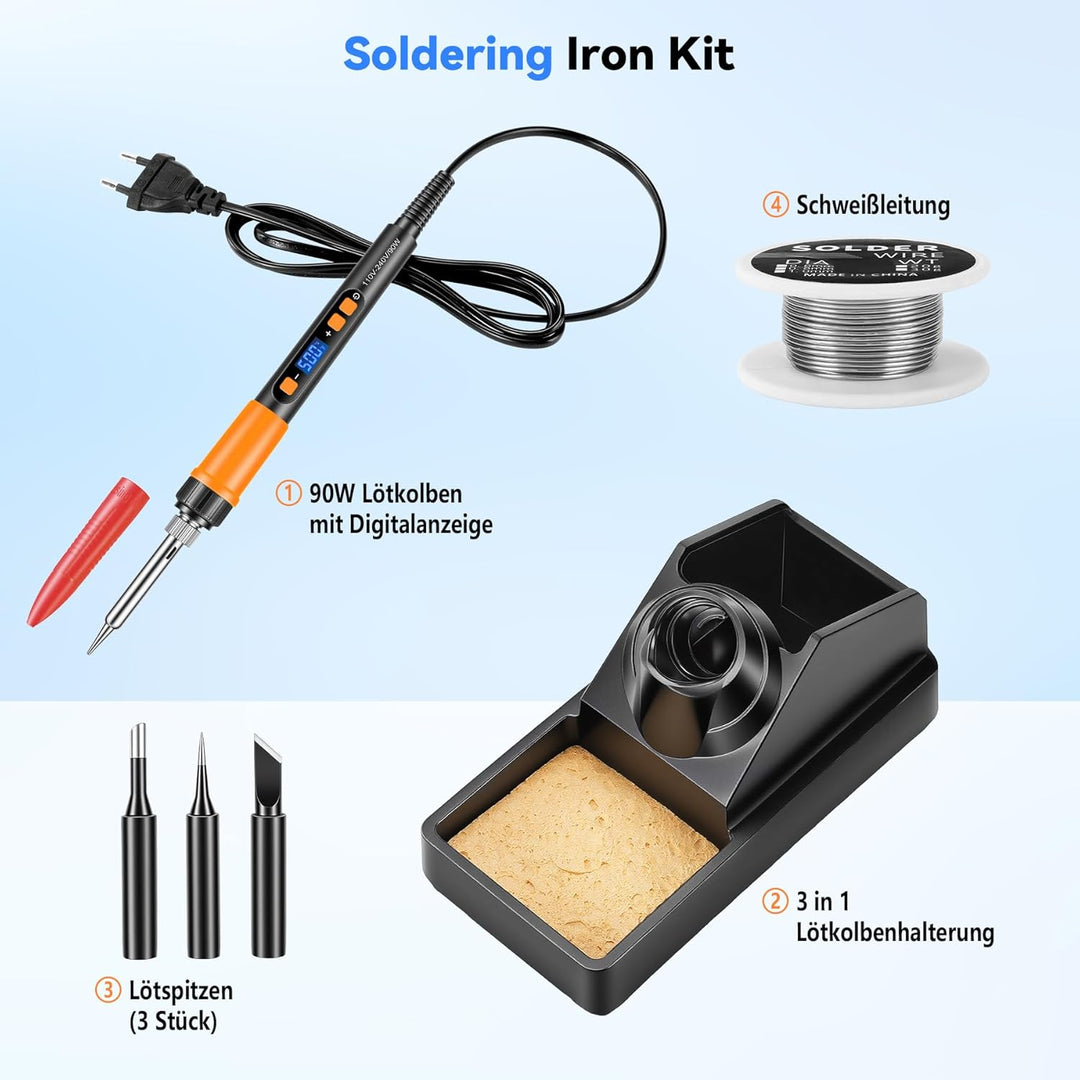 Lötkolben Set,90W Hochleistungs-Soldering Iron,LCD Digital Temperaturregelung 180-500℃,3 Lötspitzen