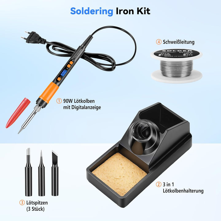 Lötkolben Set,90W Hochleistungs-Soldering Iron,LCD Digital Temperaturregelung 180-500℃,3 Lötspitzen