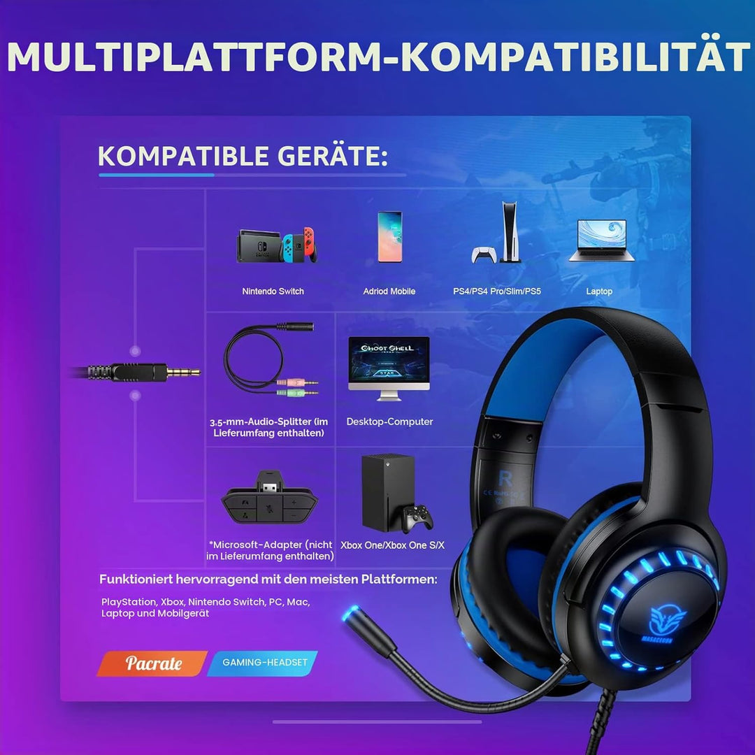 Pacrate Gaming Headset für PS4/PS5/Xbox One/PC/Nintendo Switch, PS4 Kopfhörer mit Kabel Xbox Headset