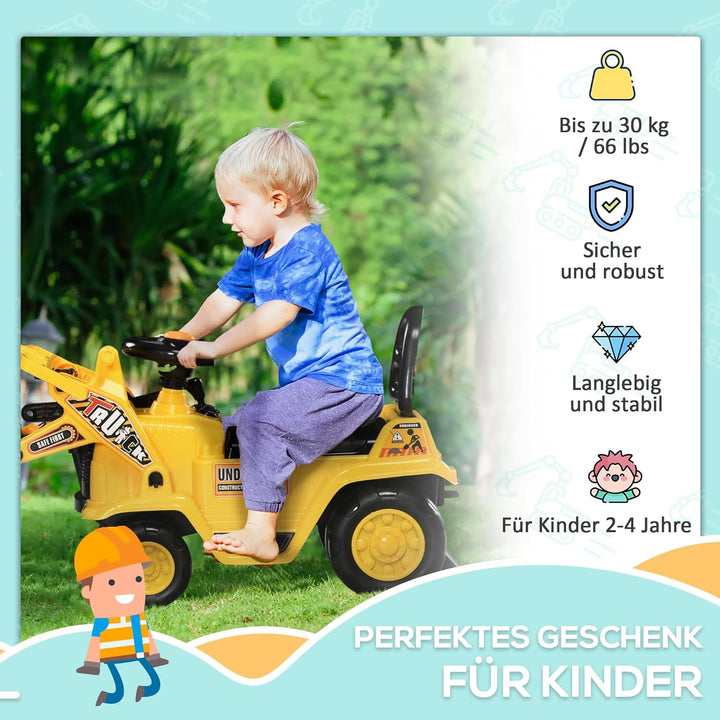 HOMCOM Sitzbagger Aufsitzbagger mit drehbarer Verstellbarer Schaufel, Hupe Kinderbagger mit Stauraum