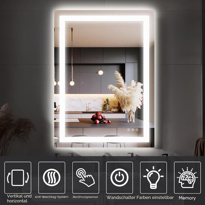 Antok 80x60cm LED Badezimmerspiegel mit Beleuchtung, dimmbarer beschlagfreier Smart-Spiegel mit 3 Fa
