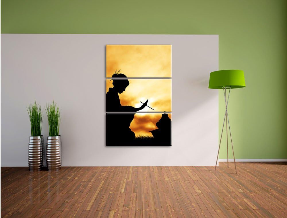 Pixxprint Dark Geisha Teezerenomie als Leinwandbild/Grösse: 3 Teilig (120x80) cm/Wandbild/Kunstdruck