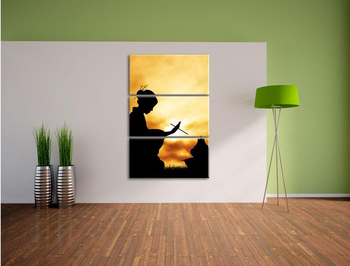 Pixxprint Dark Geisha Teezerenomie als Leinwandbild/Grösse: 3 Teilig (120x80) cm/Wandbild/Kunstdruck