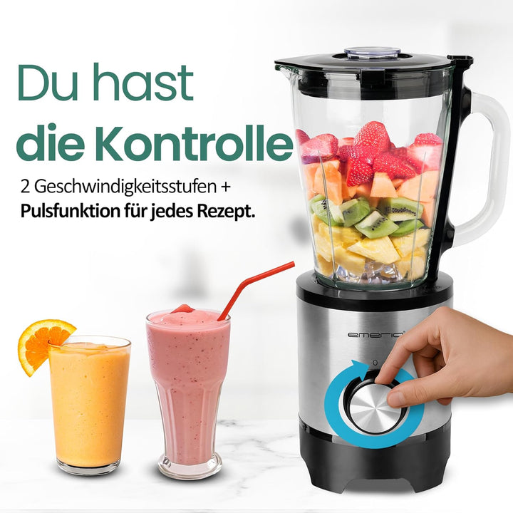 EMERIO Standmixer mit 1.5L Glasbehälter | BPA frei | Crush Ice Funktion | 2 Geschwindigkeiten + Puls