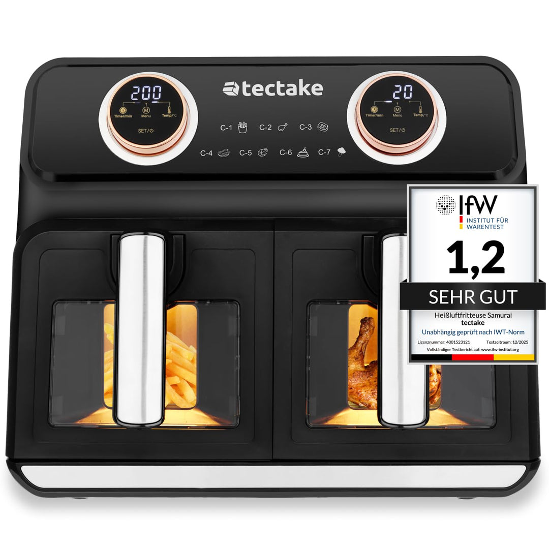 tectake® Heissluftfritteuse 2 Kammern, XXL Doppelkammer Airfryer mit 7 Programmen, 8L Dual Fritteuse