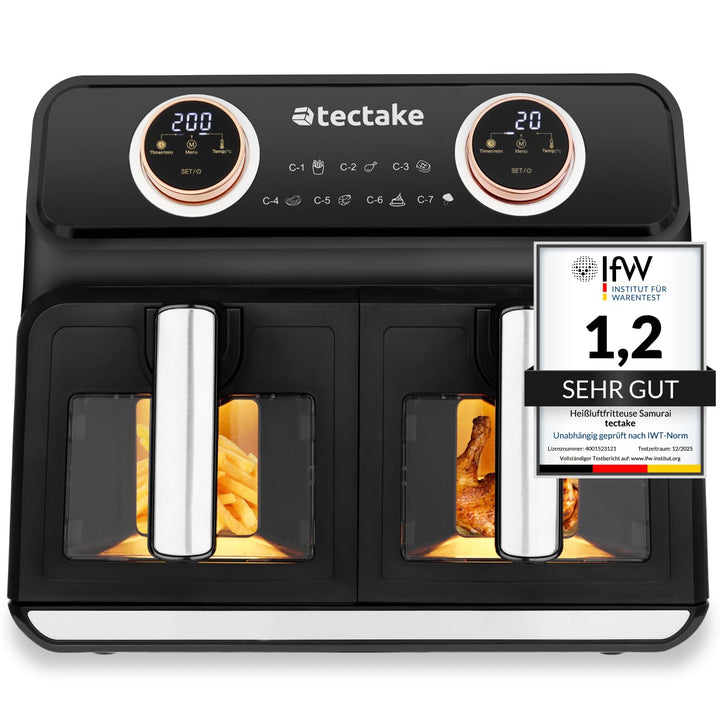 tectake® Heissluftfritteuse 2 Kammern, XXL Doppelkammer Airfryer mit 7 Programmen, 8L Dual Fritteuse