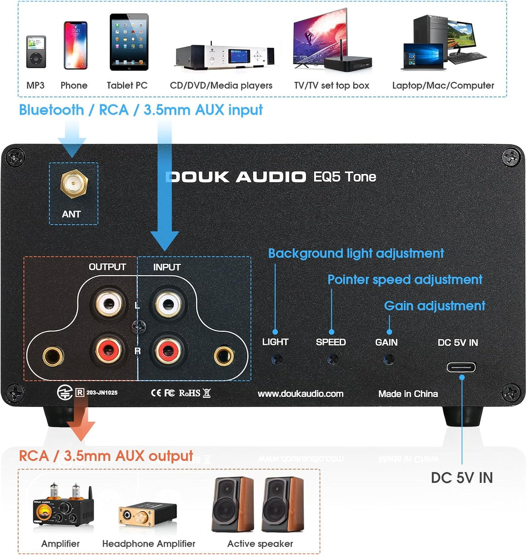 Douk Audio 5-Band-Equalizer Bluetooth EQ Vorverstärker für Heim-Stereo/Computer-Lautsprecher/Verstär