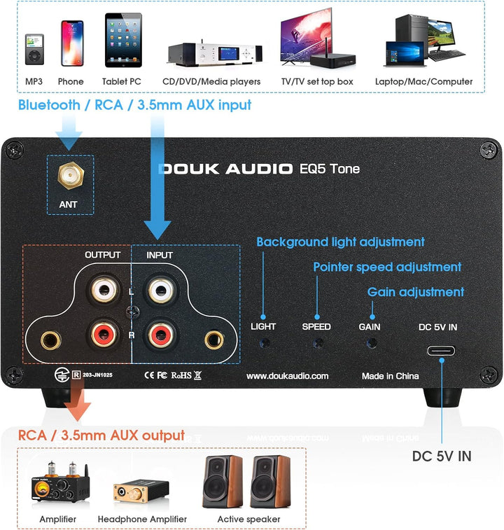 Douk Audio 5-Band-Equalizer Bluetooth EQ Vorverstärker für Heim-Stereo/Computer-Lautsprecher/Verstär