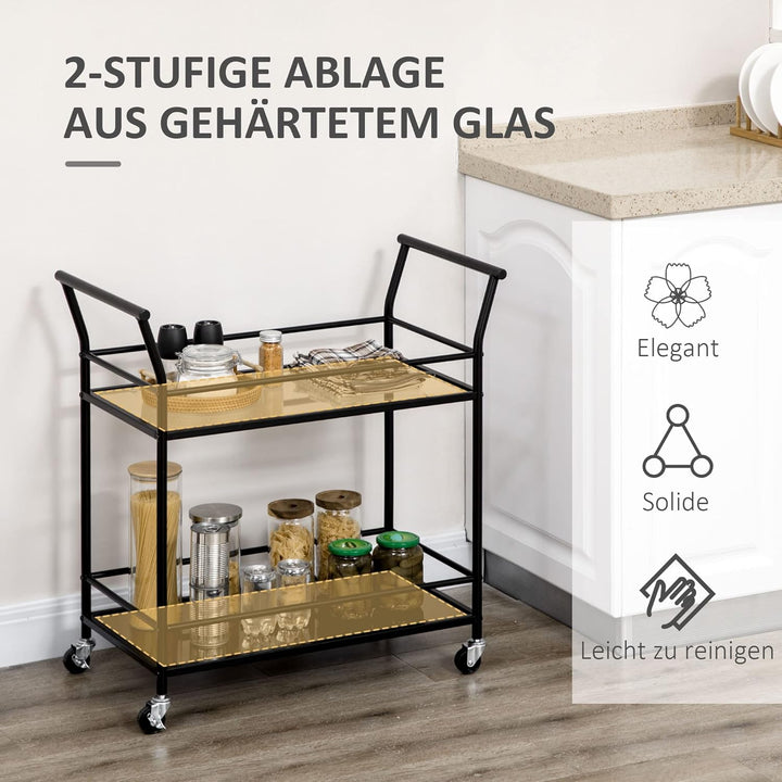 HOMCOM Küchenwagen, Rollwagen, Servierwagen mit 2 Ablagen, Trolley, Beistellwagen auf Rollen, Aufbew