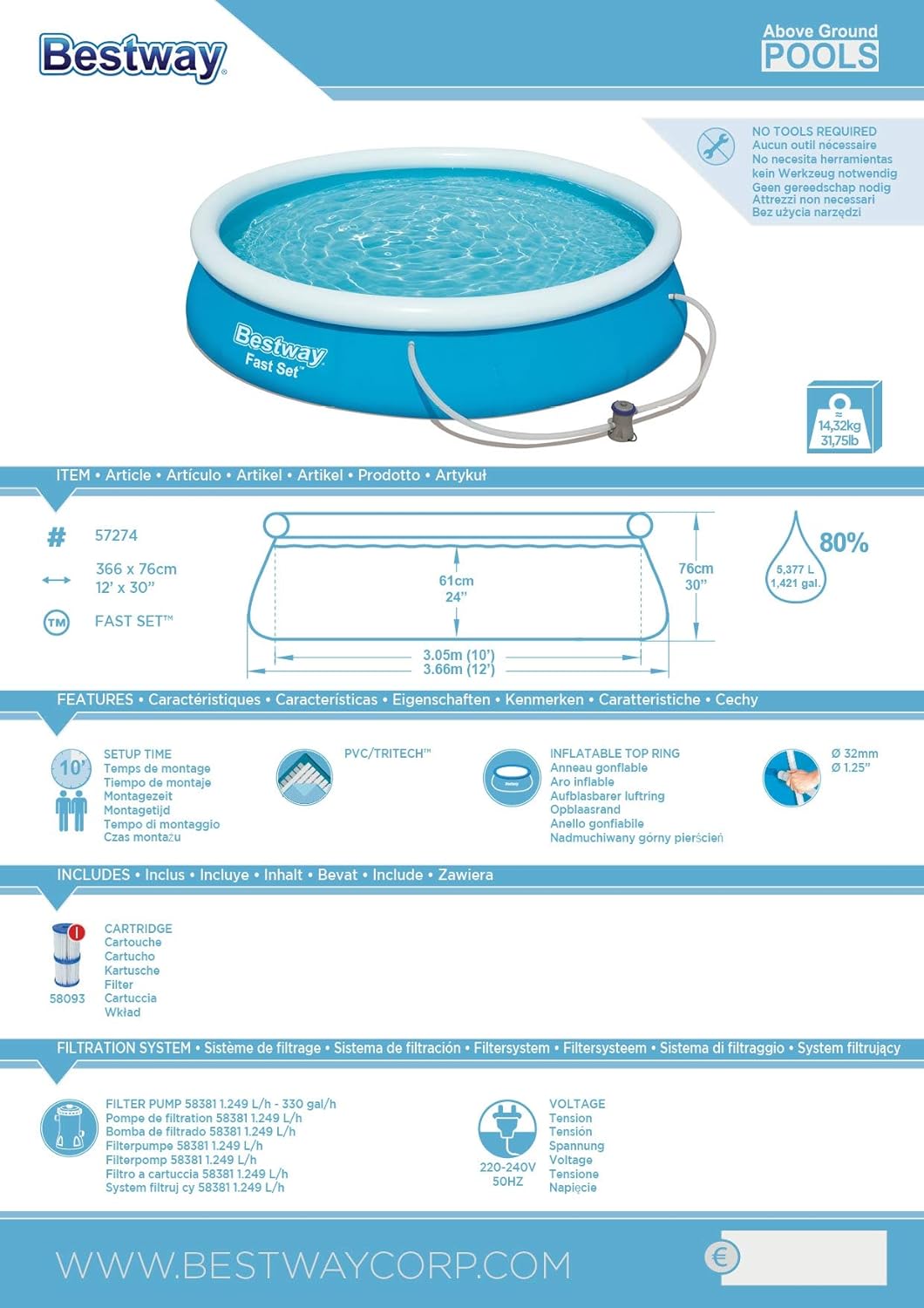 Bestway Fast Set Inflatable Pool Set Round 3.66 m x 76 cm