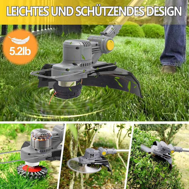 Akku Rasentrimmer mit Akku und Unkrautbürste, Rasentrimmer mit Akku mit 4 Klingentypen, 750W Bürsten