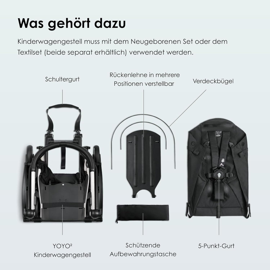 BABYZEN YOYO2 Kinderwagengestell, White - Textilset nicht inbegriffen - Kommt mit 5-Punkt-Gurt, mehr