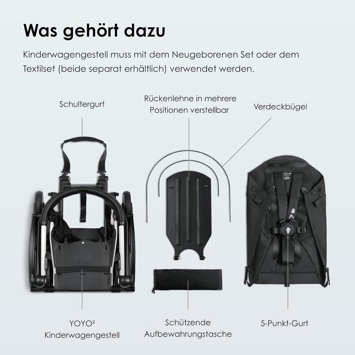 BABYZEN YOYO2 Kinderwagengestell, White - Textilset nicht inbegriffen - Kommt mit 5-Punkt-Gurt, mehr
