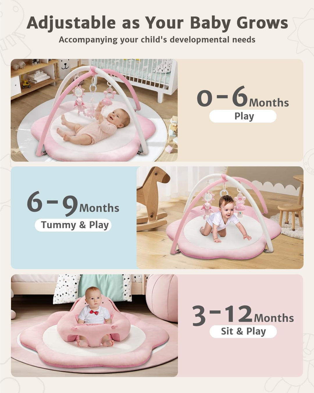 3-in-1 Baby Spielmatte mit Sitzhilfe – Blumenförmige Krabbelmatte &amp; Baby Gym mit 5 Abnehmbaren Spiel