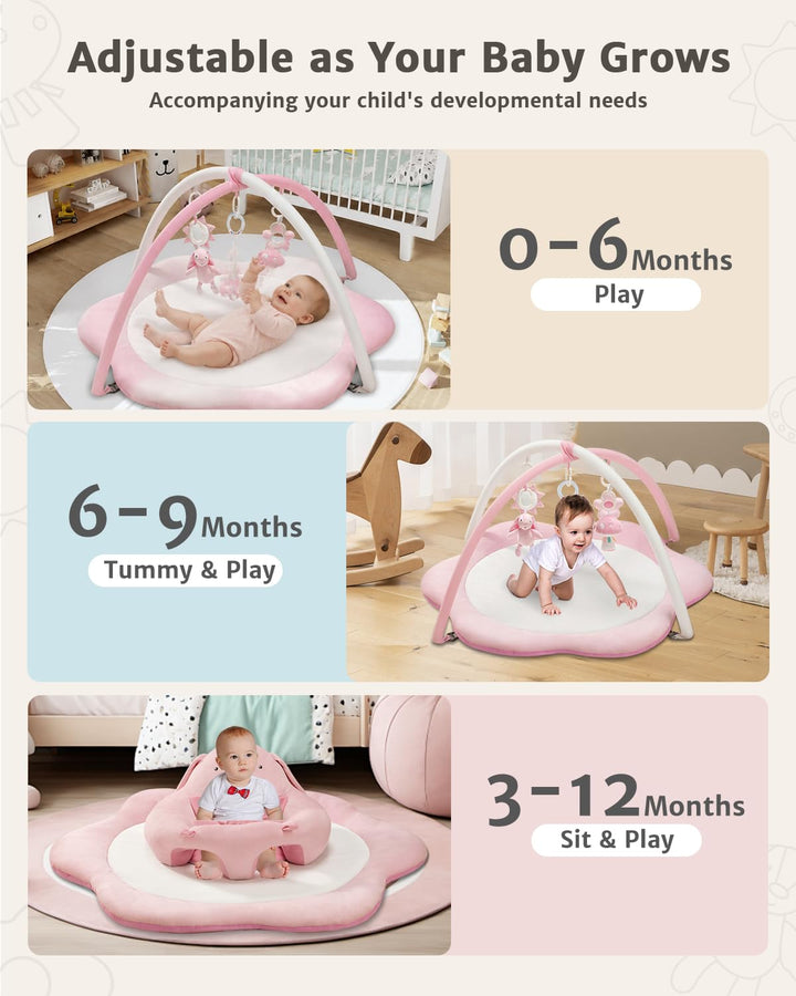 3-in-1 Baby Spielmatte mit Sitzhilfe – Blumenförmige Krabbelmatte &amp; Baby Gym mit 5 Abnehmbaren Spiel