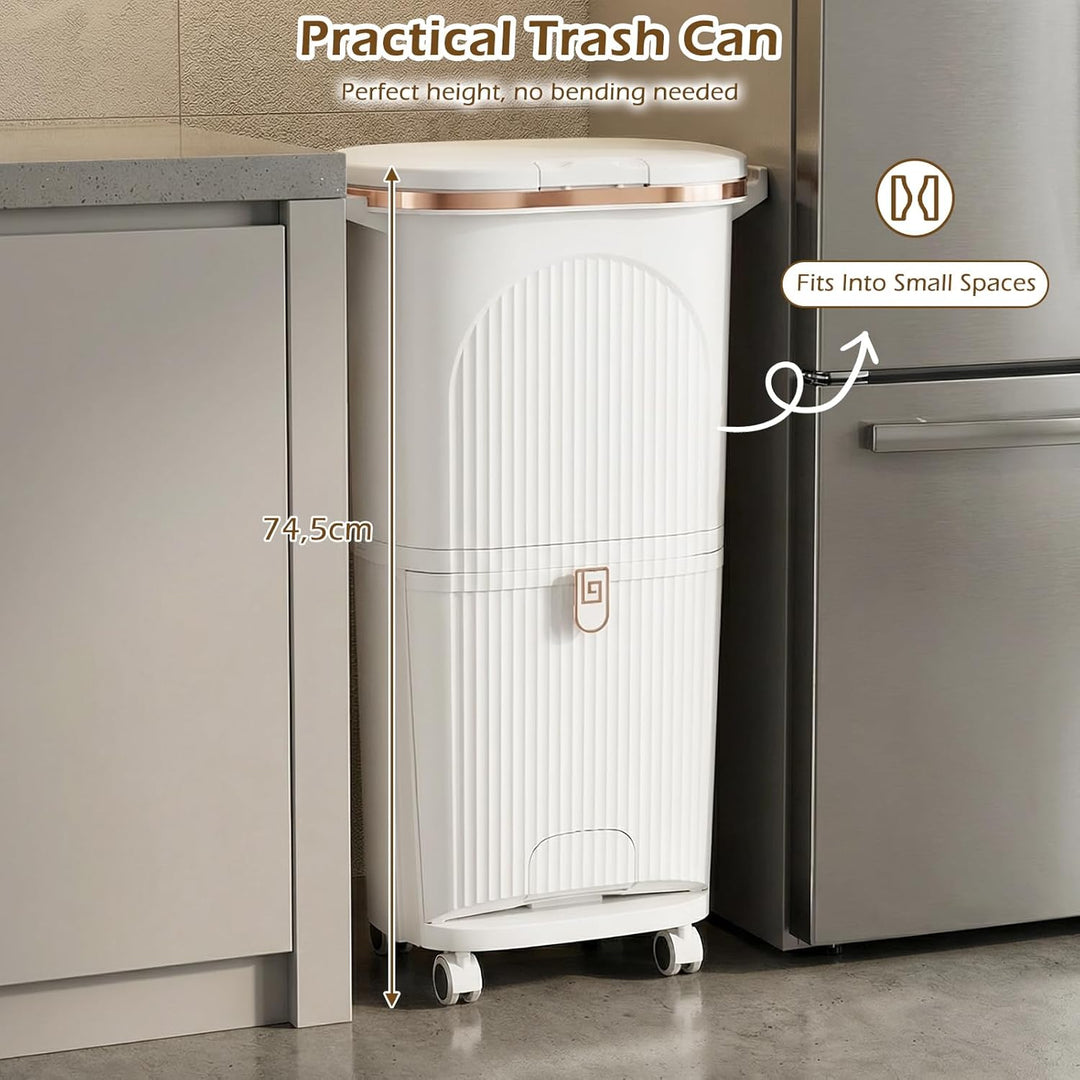 GIANTEX Mülleimer Küche 3 Fächer, 38 L, Abfalleimer mit Rollen, Tretmülleimer mit Deckel & Fusspedal