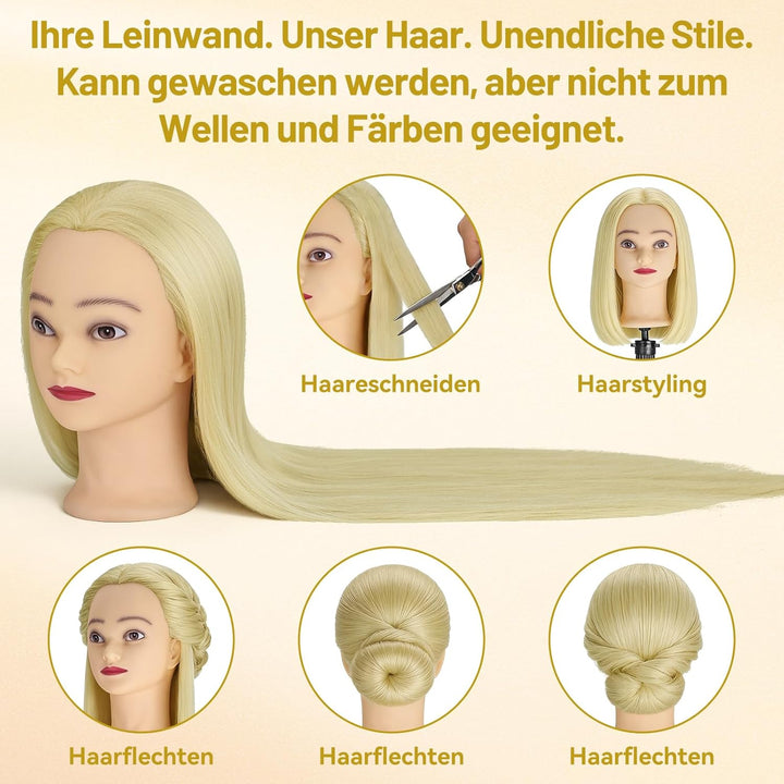 TwoWin 100% Synthetikhaar Frisierkopf mit Ohrlöchern, 71 cm (28 Zoll) Friseurkopf Übungskopf, Traini
