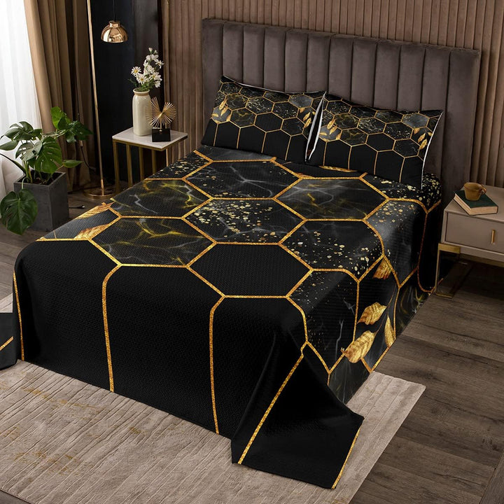 Marmor Tagesdecke Set 220x240, Schwarz Grau Geometrisches Gold Plaid Bettwäsche Set, Modernes Luxus