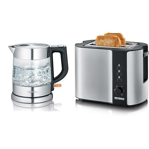 SEVERIN WK 3468 Glas-Wasserkocher (ca. 2.200 W, 1 L) edelstahl/schwarz & Automatik-Toaster, Inkl. Br