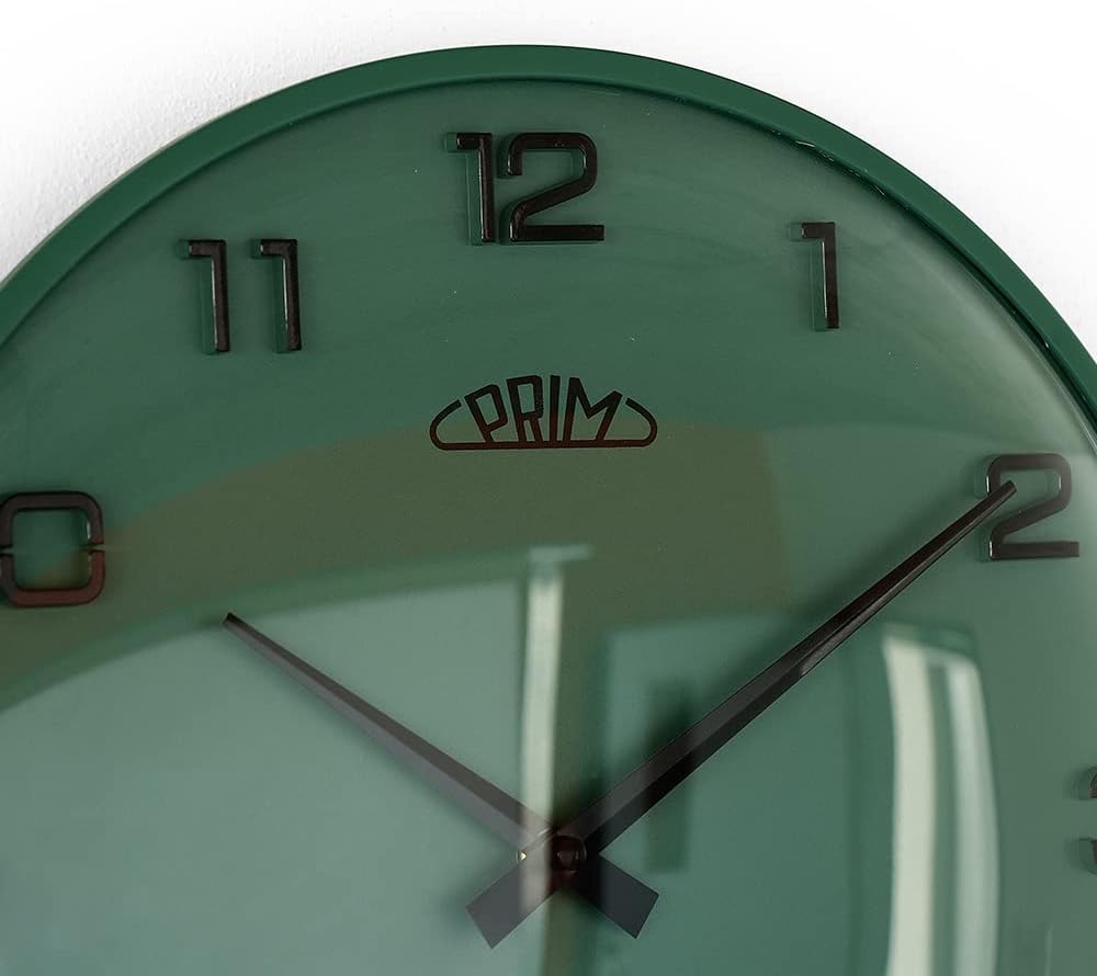 PRIM Design-Kunststoffuhr Bloom II – A, Moderne Wanduhr im Retro Style, Grün, gewölbtes Glas, luxuri