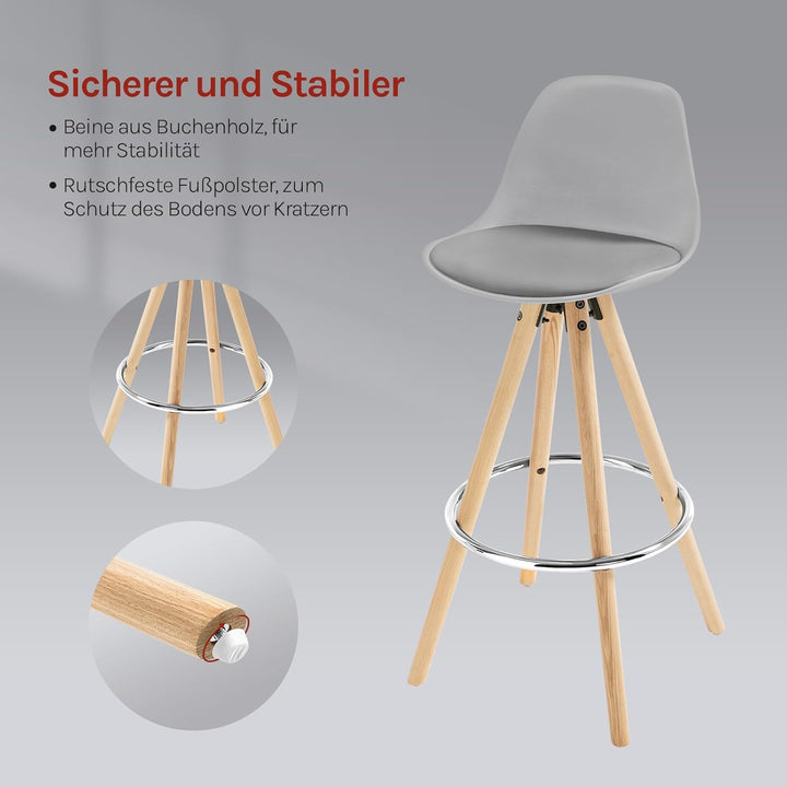 WOLTU® BH45gr-2 2 x Barhocker 2er Set Barstuhl aus Kunststoff Holzgestell mit Lehne + Fussstütze Des