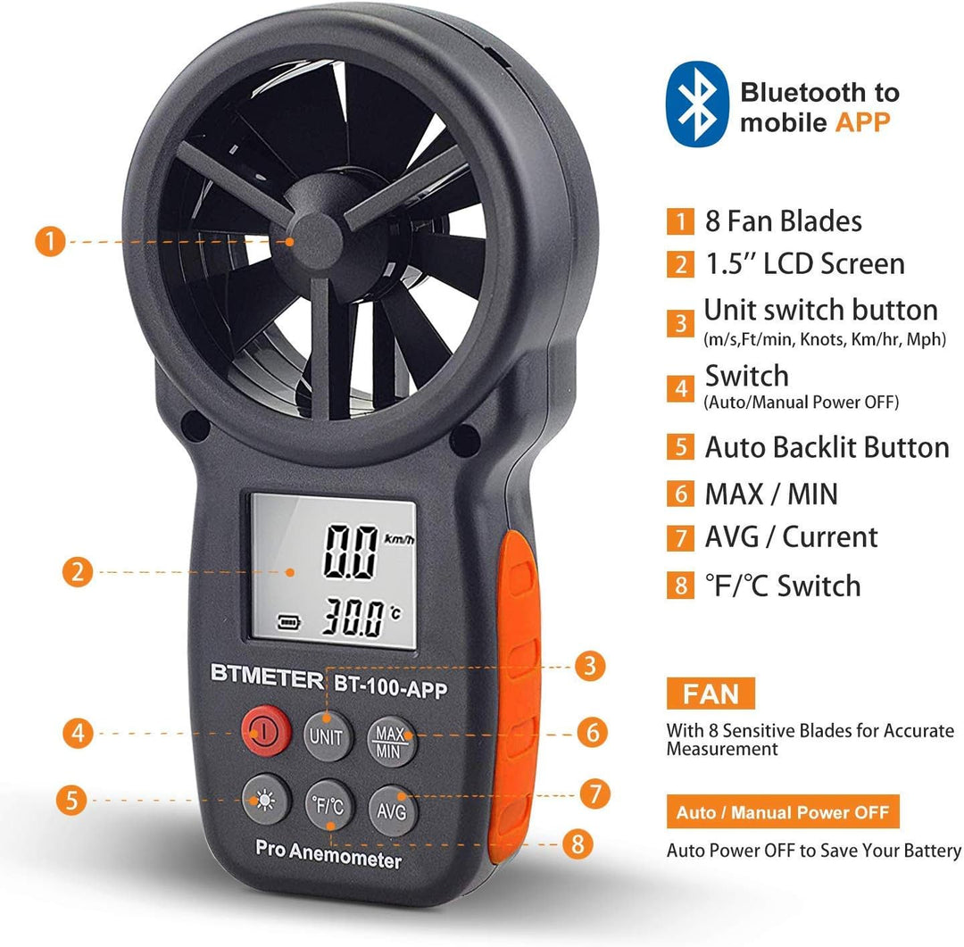 BTMETER Windmesser Digital Windgeschwindigkeits-Anemometer-Handheld,drahtloses Bluetooth-Flügelrad-A