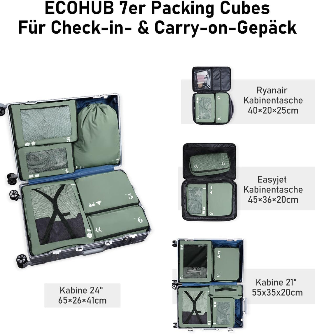 ECOHUB Packwürfel für Koffer, 7 Stück, Reise-Organizer, Packtaschen, recyceltes PET, umweltfreundlic