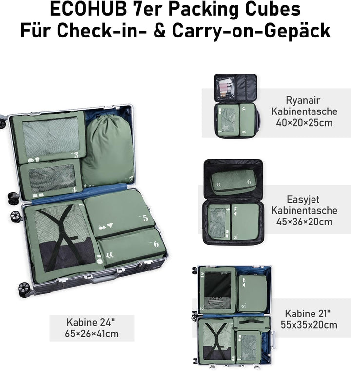 ECOHUB Packwürfel für Koffer, 7 Stück, Reise-Organizer, Packtaschen, recyceltes PET, umweltfreundlic