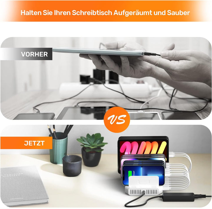 Alxum 60W USB Handy Ladestation Mehrfach,10 Ports 5V/2.4A Ladestation Mehrere Geräte mit verstellbar