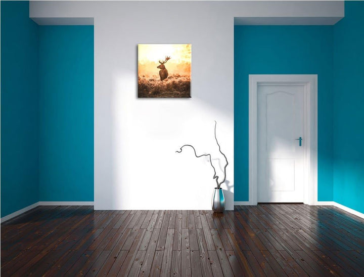 Pixxprint Stolzer Hirsch auf weitem Feld, Format: 70x70 auf Leinwand, 70x70