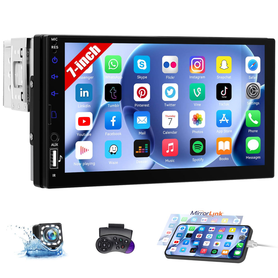CAMECHO Autoradio Bluetooth 1 Din mit Rückfahrkamera, 7 Zoll Bildschirm Touchscreen Auto Radio mit F