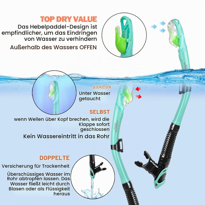 Trockenschnorchel-Set, Pano 3-Fenster-Schnorchelmaske, Anti-Fog-Taucherbrille und Schnorchel, profes