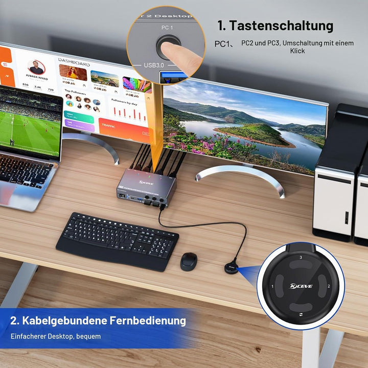 KVM Switch 3 PC 2 Monitore USB C HDMI DP, EDID | KVM Switch 2 Monitor für 1 Laptop und 2 PC, 73W PD,