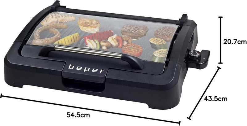 BEPER 90.871 Elektrogrill mit Glasdeckel, beschichtete Grillplatte, Edelstahl, 2200 WATT, schwarz, 2